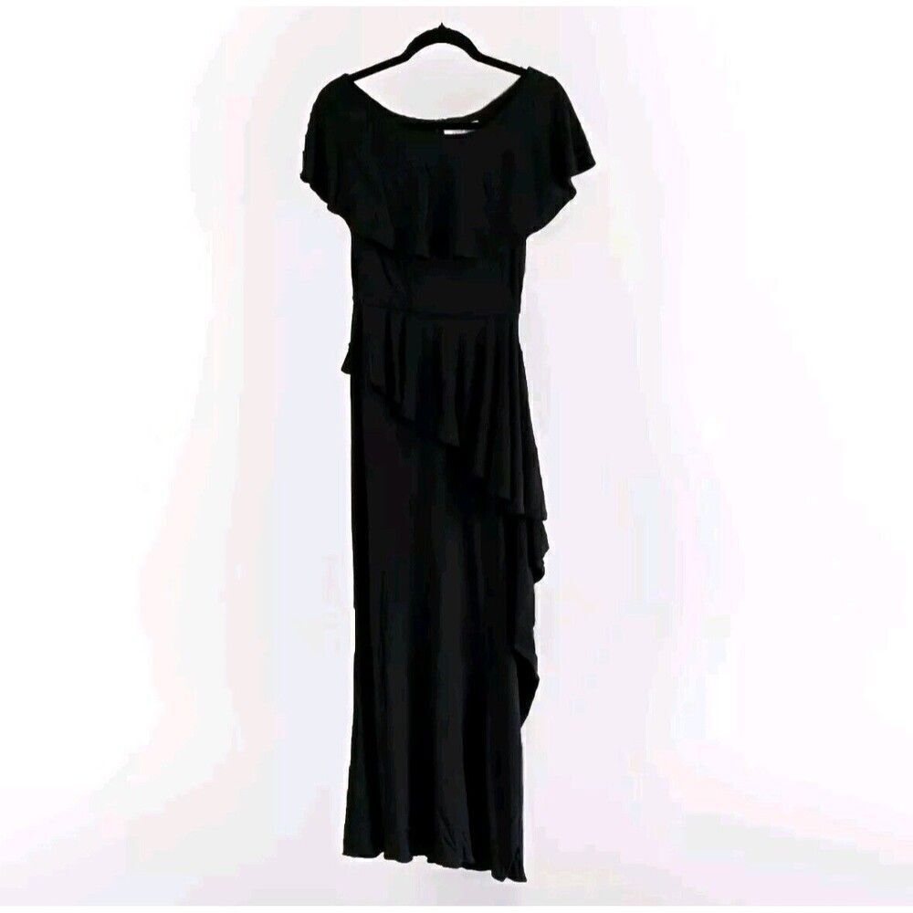 Rickie Freeman For Teri Jon Black Ruffle Dress Maxi Off-shoulder Gown Size 8
